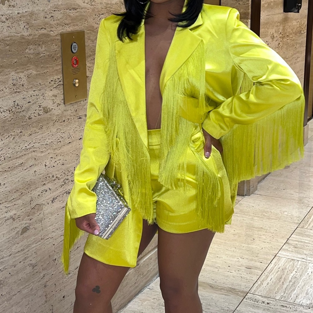 Satin Fringe Blazer and Shorts Suit Set